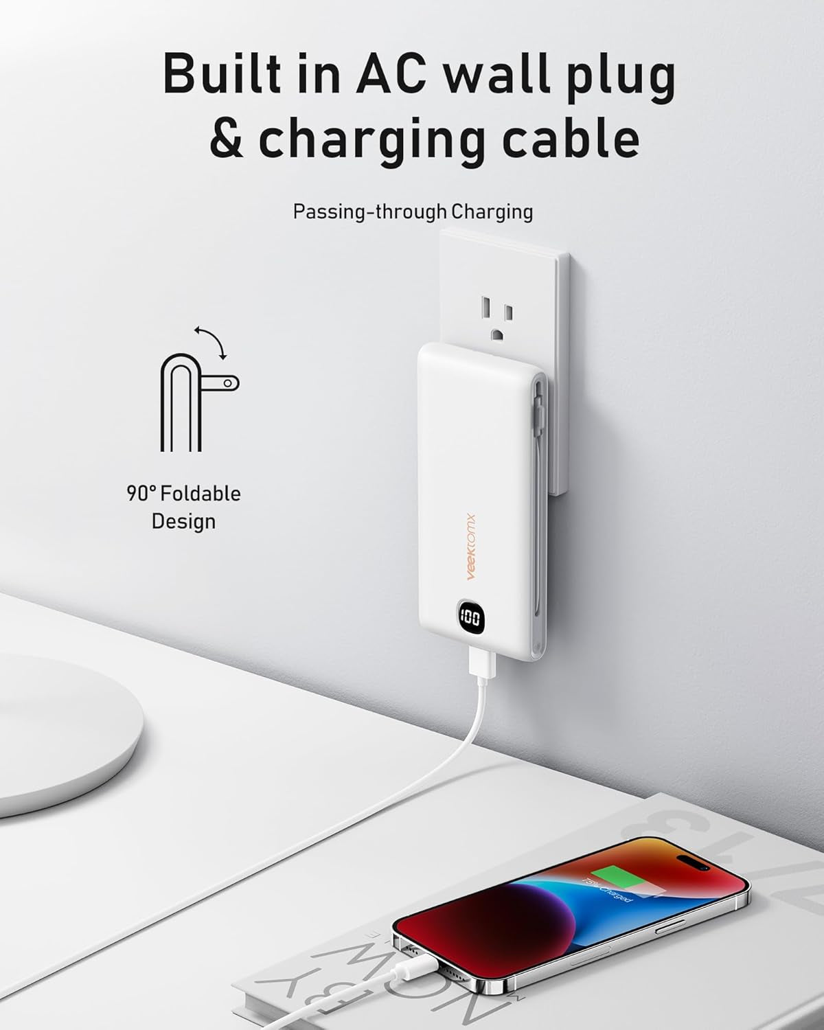Portable Charger with Built in Cables 10000Mah, Power Bank for Iphone with Wall Plug, Travel Essential Fast Charging USB C Slim External Battery Pack for Iphone 17/16/15, Samsung, Ipad, Etc