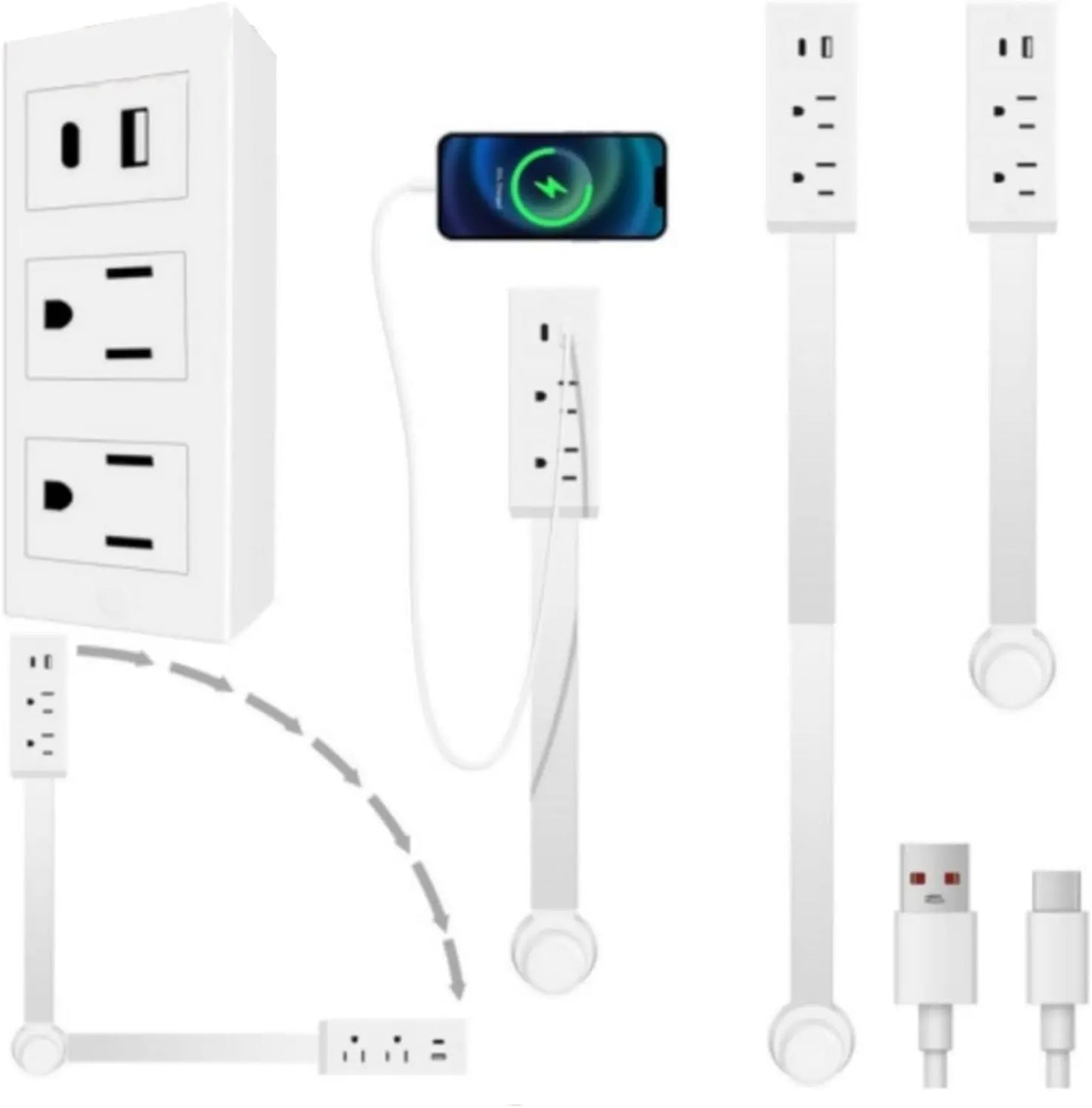 Wall Outlet Expander Move Freeelectrical Power Socket Extender 2 AC USB-A&C 180° Swivel behind Couch Nightstand Stretchable Plug