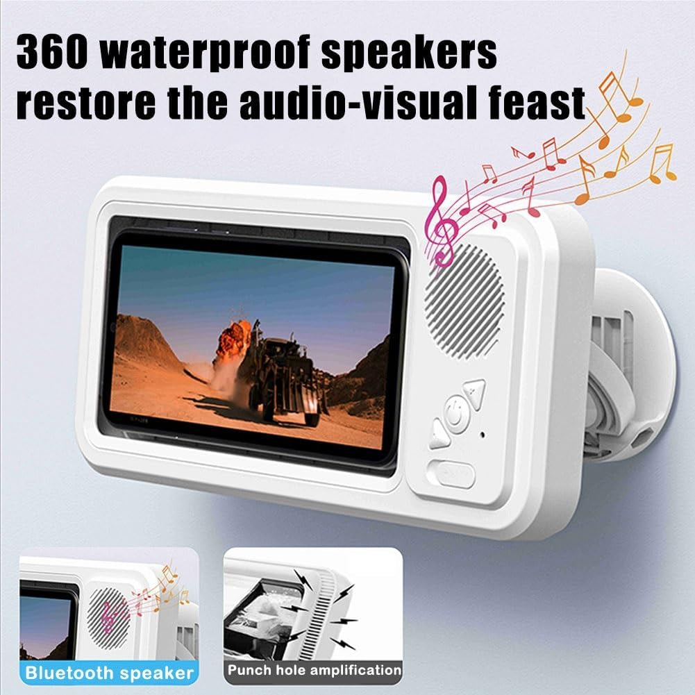 Waterproof Phone Case with Built-In Speaker,480 Rotation Wall Phone Mount Stand,Screen Touch Shower Phones Case Mount Speakers with Suction Cup,Cover Mounts Stand Wireless Bluetooth