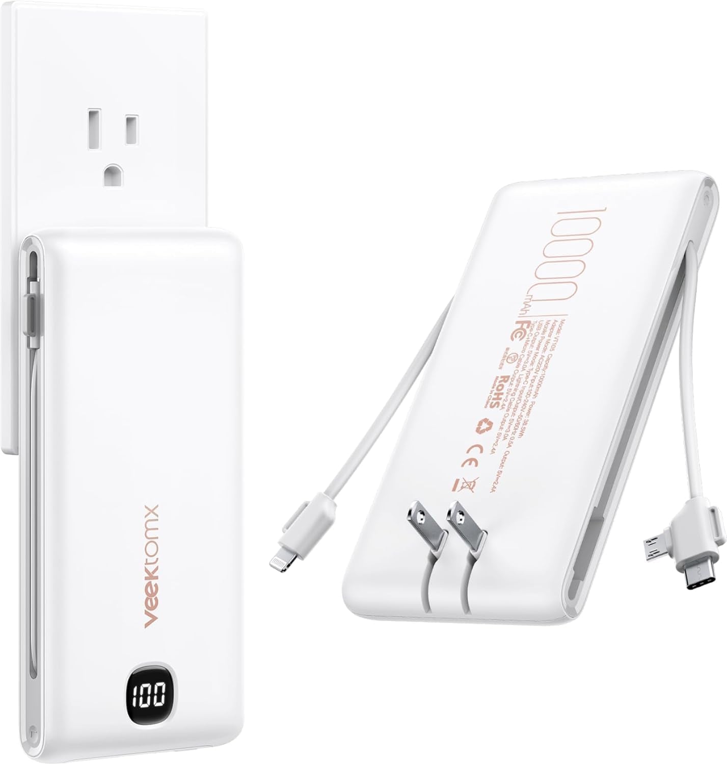 Portable Charger with Built in Cables 10000Mah, Power Bank for Iphone with Wall Plug, Travel Essential Fast Charging USB C Slim External Battery Pack for Iphone 17/16/15, Samsung, Ipad, Etc