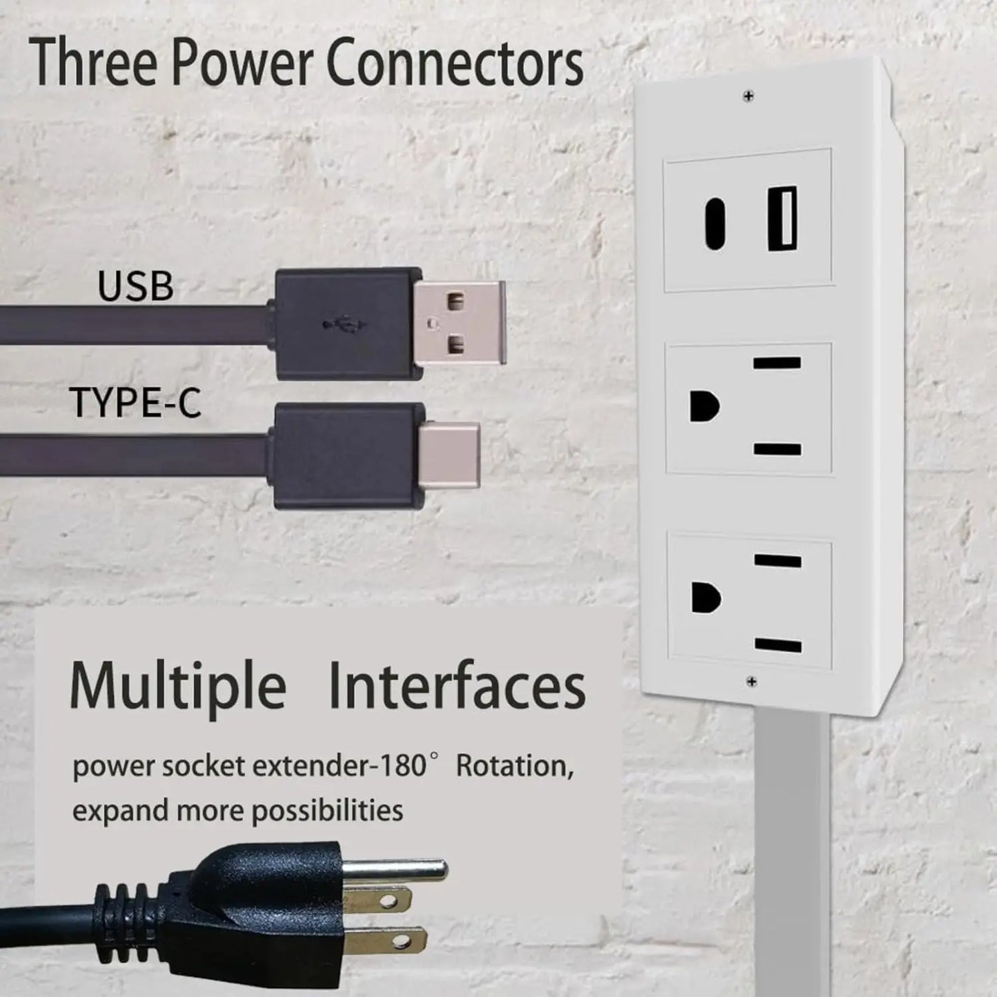 Wall Outlet Expander Move Freeelectrical Power Socket Extender 2 AC USB-A&C 180° Swivel behind Couch Nightstand Stretchable Plug
