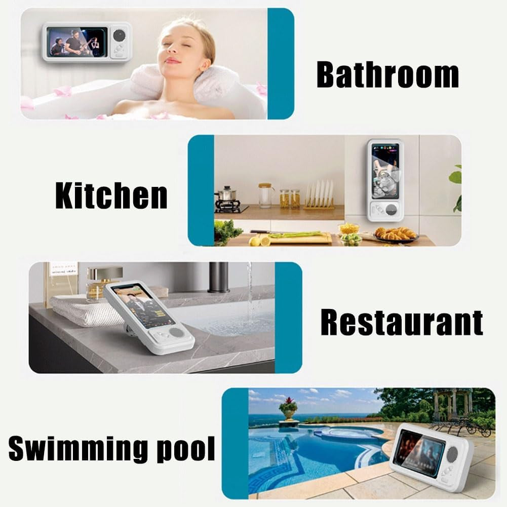 Waterproof Phone Case with Built-In Speaker,480 Rotation Wall Phone Mount Stand,Screen Touch Shower Phones Case Mount Speakers with Suction Cup,Cover Mounts Stand Wireless Bluetooth