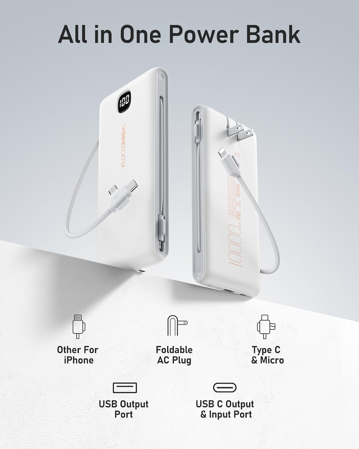 Portable Charger with Built in Cables 10000Mah, Power Bank for Iphone with Wall Plug, Travel Essential Fast Charging USB C Slim External Battery Pack for Iphone 17/16/15, Samsung, Ipad, Etc