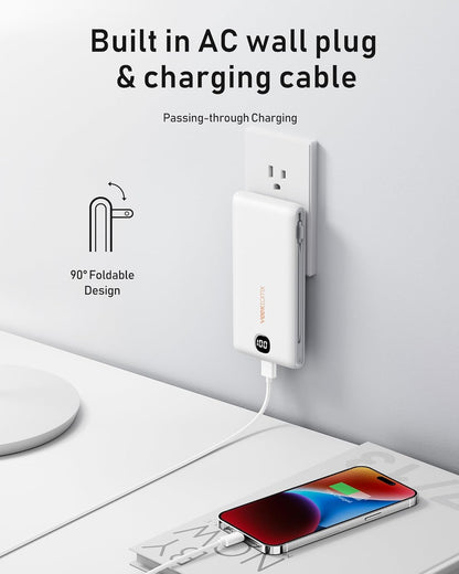 Portable Charger with Built in Cables 10000Mah, Power Bank for Iphone with Wall Plug, Travel Essential Fast Charging USB C Slim External Battery Pack for Iphone 17/16/15, Samsung, Ipad, Etc