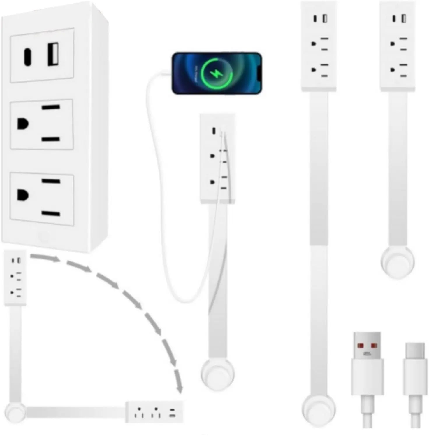 Wall Outlet Expander Move Freeelectrical Power Socket Extender 2 AC USB-A&C 180° Swivel behind Couch Nightstand Stretchable Plug