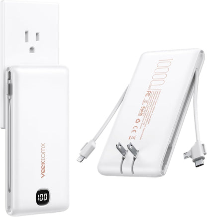 Portable Charger with Built in Cables 10000Mah, Power Bank for Iphone with Wall Plug, Travel Essential Fast Charging USB C Slim External Battery Pack for Iphone 17/16/15, Samsung, Ipad, Etc