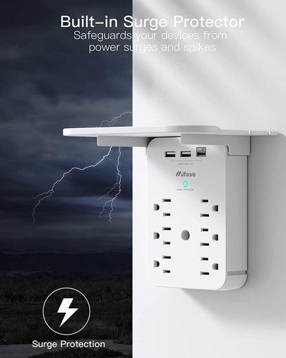 Wall Outlet Extender with Surge Protector, 6 AC Outlets, Shelf, 2 USB & USB C Charging Ports - Home & Dorm Plug Expander