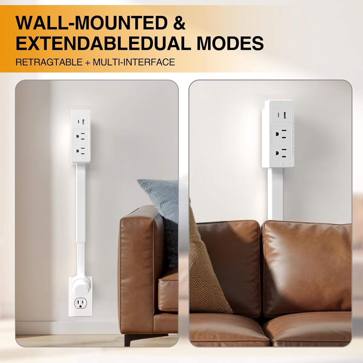 Electrical Outlet Extender Features USB-A, USB-C, and 2 AC Electrical Outlet Extender Stick for Hard to Reach Spaces Extends 22"-27", Rotates 180°. Use behind Couches, Nightstands, Desks, and More