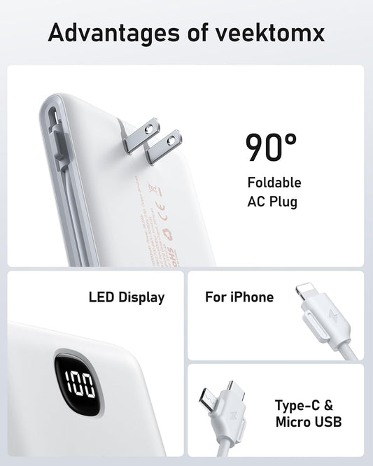 Portable Charger with Built in Cables 10000Mah, Power Bank for Iphone with Wall Plug, Travel Essential Fast Charging USB C Slim External Battery Pack for Iphone 17/16/15, Samsung, Ipad, Etc